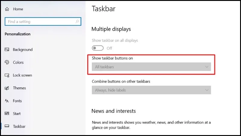 Lựa chọn vị trí xuất hiện của các nút ứng dụng trên thanh Taskbar