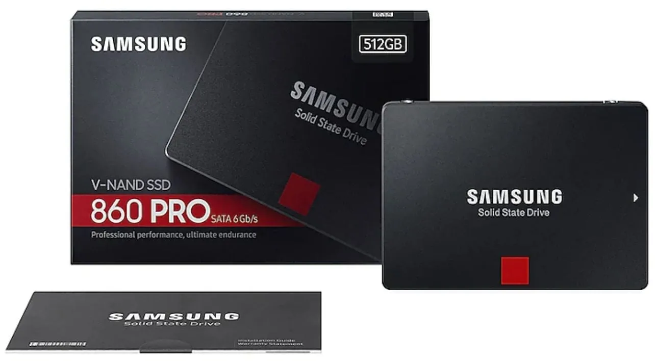 Bề mặt ổ cứng SSD Samsung 860 Pro hiển thị các thông số kỹ thuật quan trọng và mã sản phẩm MZ-76P512