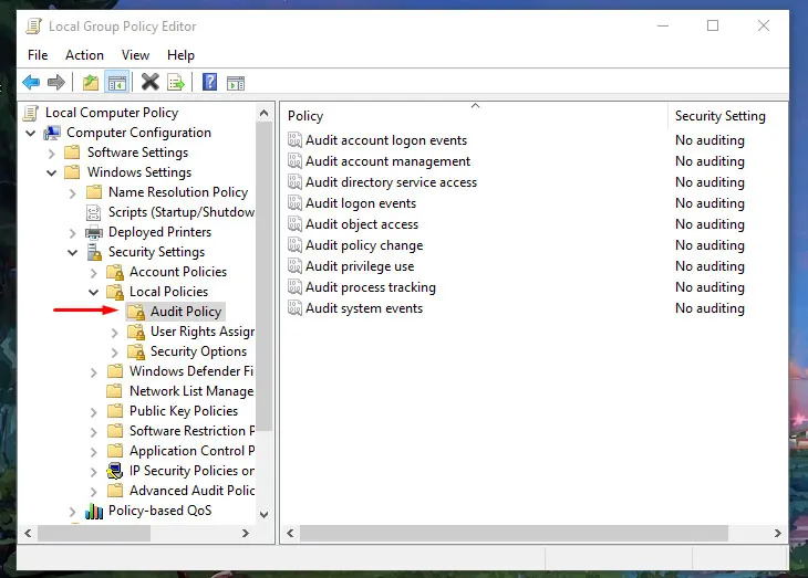 Điều hướng trong cấu hình Security Settings để chọn mục Audit Policy cho hệ thống