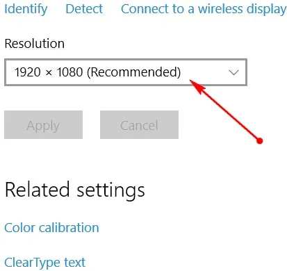Giao diện chọn độ phân giải màn hình trong Windows 10