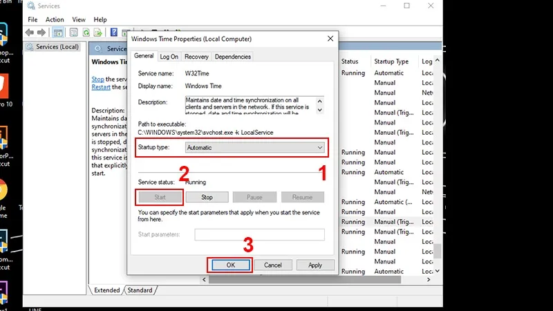 Các nút chức năng Start và Stop giúp người dùng kiểm soát trạng thái hoạt động của dịch vụ