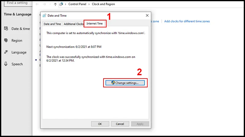 Tab Internet Time cho phép người dùng thay đổi máy chủ đồng bộ giờ mặc định của Microsoft