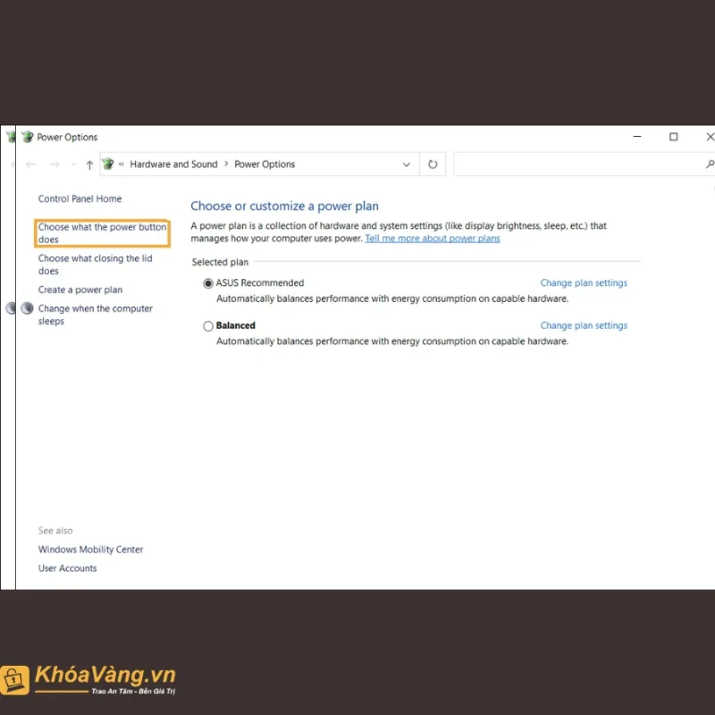 Giao diện cài đặt Power Options trong Windows Control Panel để tùy chỉnh tính năng nguồn