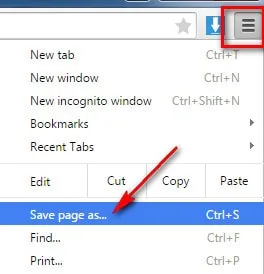 Giao diện trình duyệt Google Chrome với menu ba chấm dọc đang mở và tùy chọn Save page as được tô sáng
