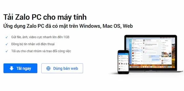 Nút "Tải ngay" trên trang web chính thức của Zalo PC