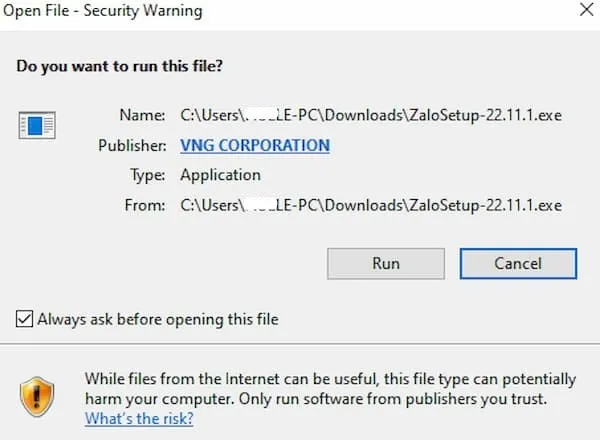 Hộp thoại xác nhận chạy file cài đặt Zalo "Do you want to run this file?"