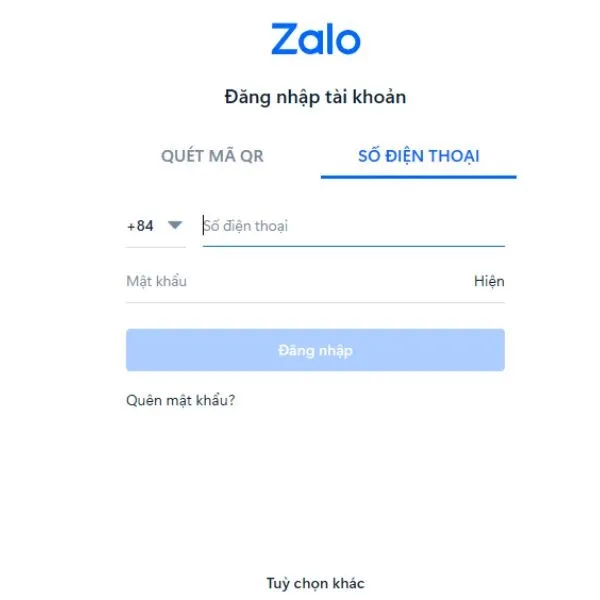 Màn hình đăng nhập Zalo PC với các trường nhập số điện thoại và mật khẩu