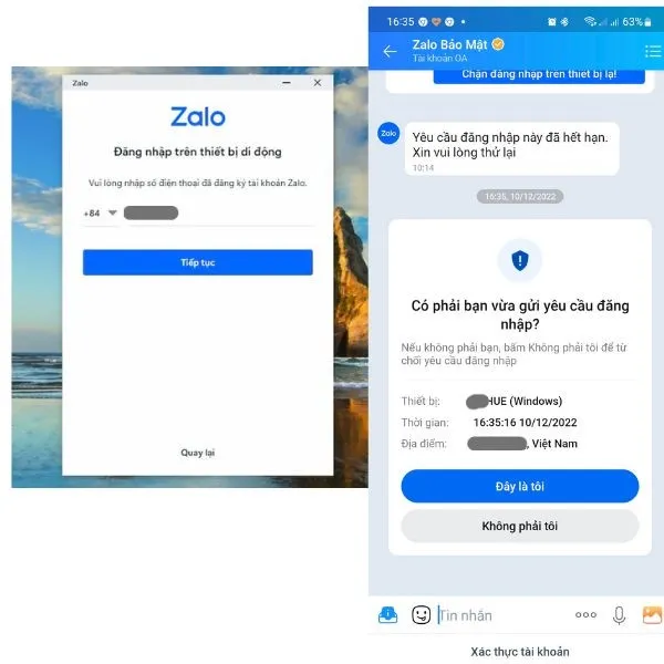 Thông báo xác nhận "Đây là tôi" trên điện thoại để đăng nhập Zalo PC