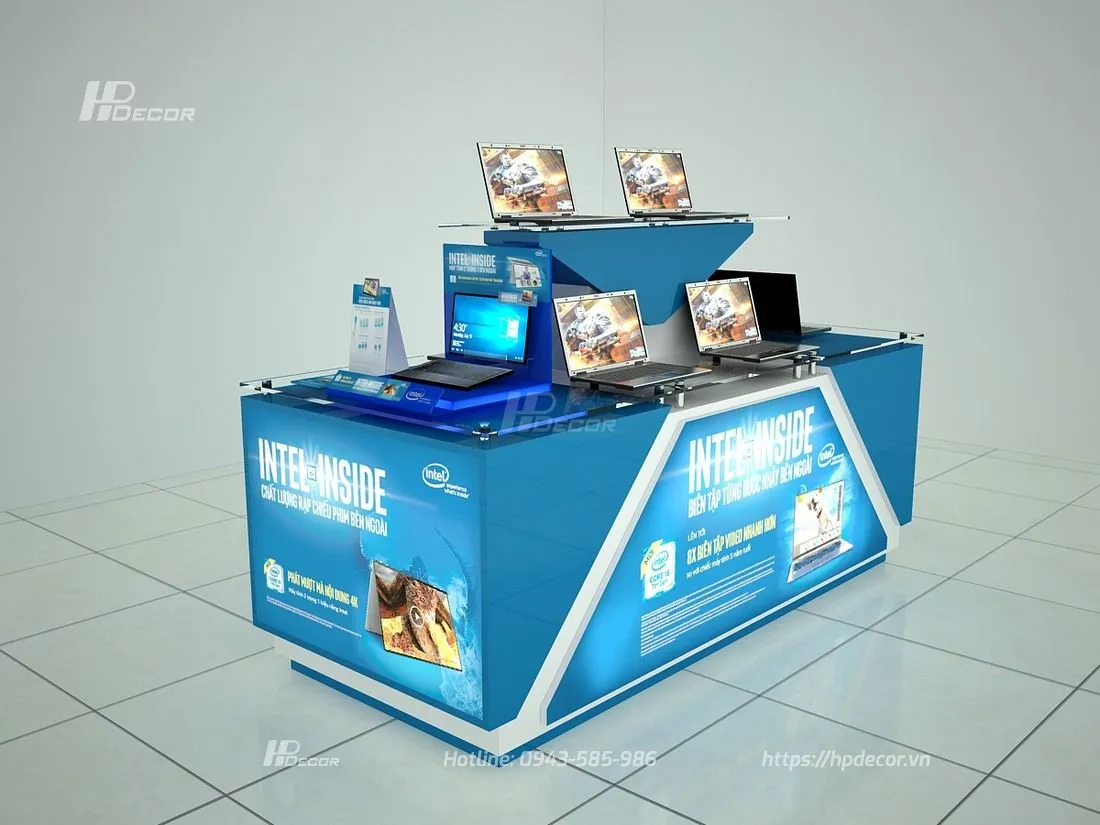 Khu vực trưng bày máy tính tại siêu thị điện máy lớn với hệ thống ánh sáng LED chuyên nghiệp