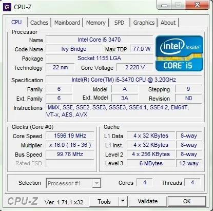 Bảng thông tin chi tiết về thông số kỹ thuật bộ vi xử lý trung tâm trong CPU-Z