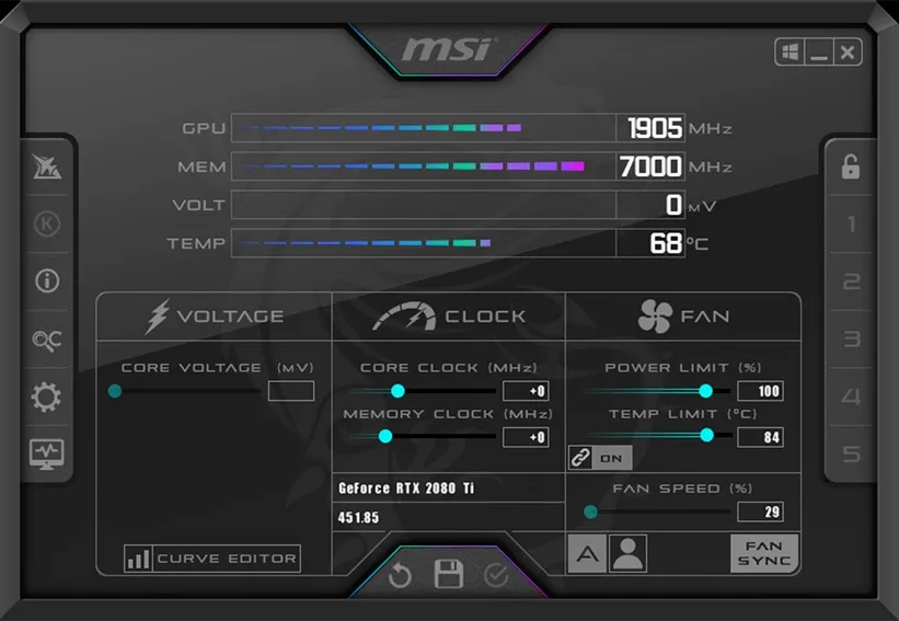 Giao diện đậm chất gaming của MSI Afterburner với các biểu đồ giám sát
