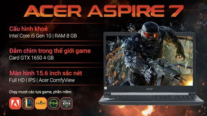 Laptop Acer Aspire 7 Gaming A715 75G 58U4 i5 với màn hình hiển thị nội dung