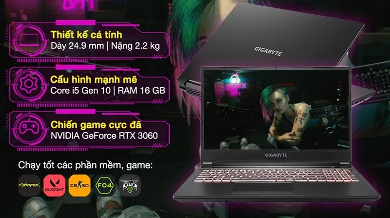 Laptop Gigabyte Gaming G5 thiết kế hiện đại và tinh tế