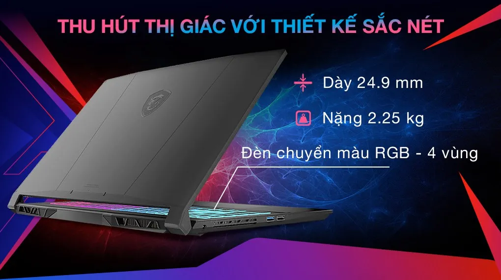 Cận cảnh thiết kế hầm hố và hệ thống đèn nền bàn phím của dòng MSI Katana 15
