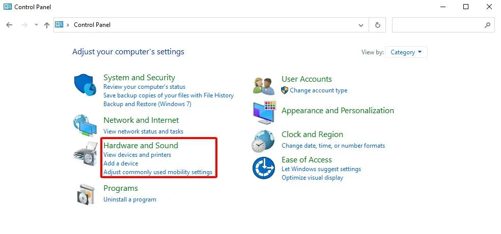 Chọn mục "Hardware and Sound" trong Control Panel để truy cập cài đặt âm thanh