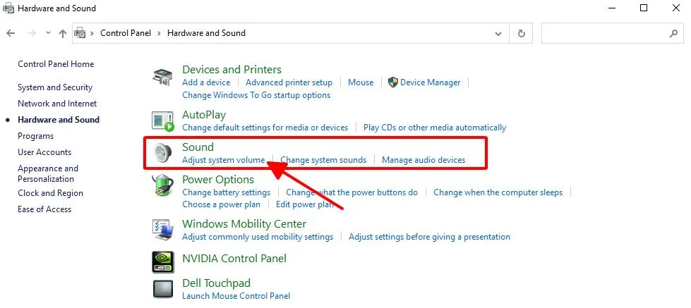 Giao diện "Sound" và lựa chọn "Adjust System Volume" để kiểm soát âm lượng hệ thống