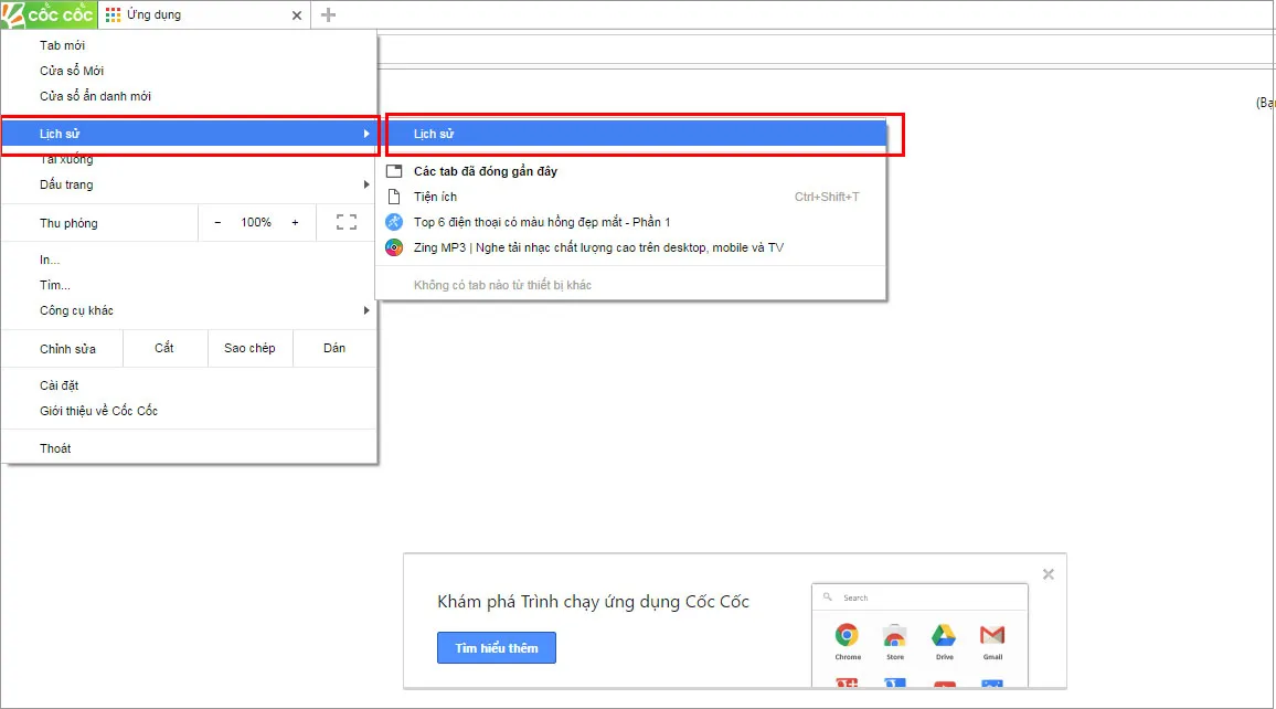 Giao diện quản lý lịch sử truy cập riêng biệt của trình duyệt Cốc Cốc dành cho người dùng Việt